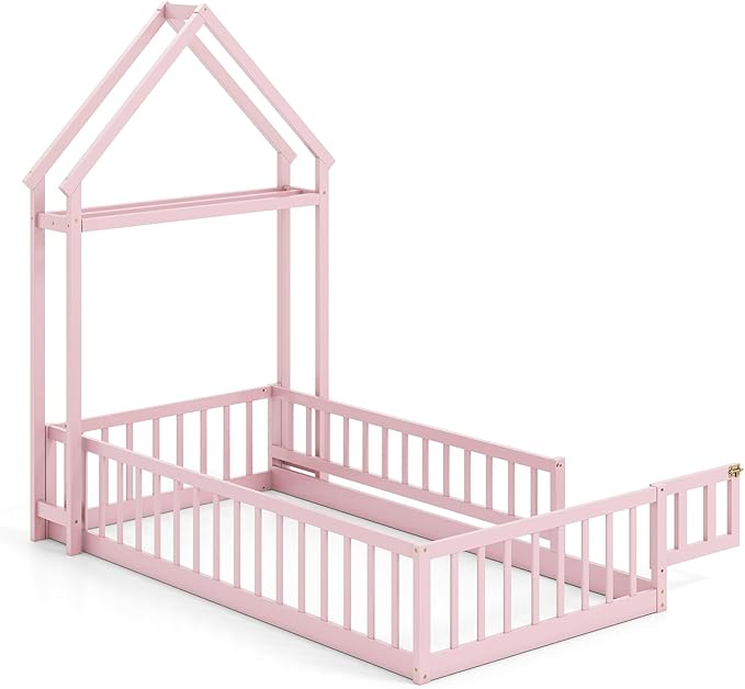 KOMFOTT Twin Size Floor Bed with House-Shaped Headboard, Kids Montessori Floor Bed with Detachable Clothes Hanger, Full Length Safety Guardrails, Door & Latch, Solid Wood Floor Bed Frame