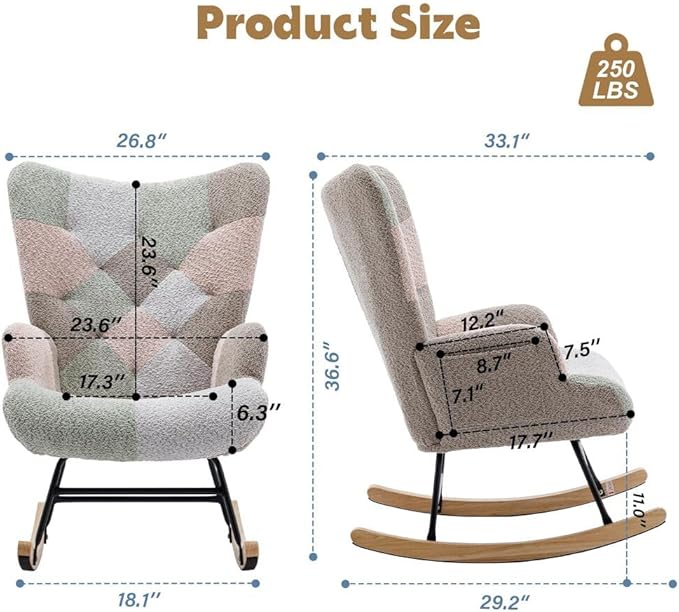 Nursery Rocking Chair Teddy Upholstered Glider Rocker Rocking Accent Chair with High Backrest Armchair Comfy Side Chair for Living Room, Bedroom, Offices (Brouce)