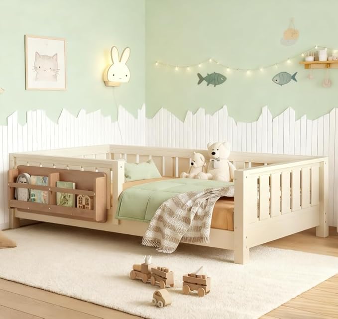 Bellemave Twin Size Floor Bed with high Rails and with Built-in Bookshelf for Kids, Girls, Boys, Wood Montessori Floor Bed Without Door, Beige
