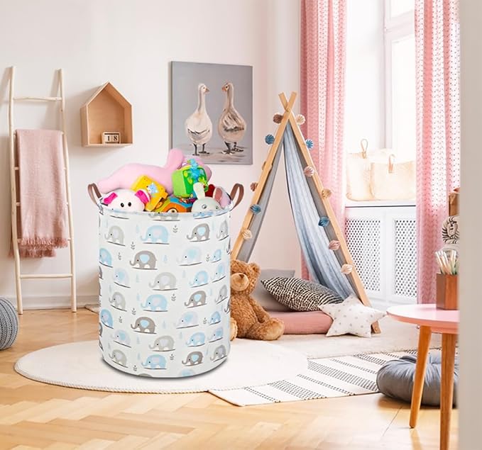 Laundry Hamper, Elephant laundry Basket, Nursery Hamper, Waterproof Storage Bin for Bedroom, Clothes Organizer Basket, Room Decor(Blue Elephant)