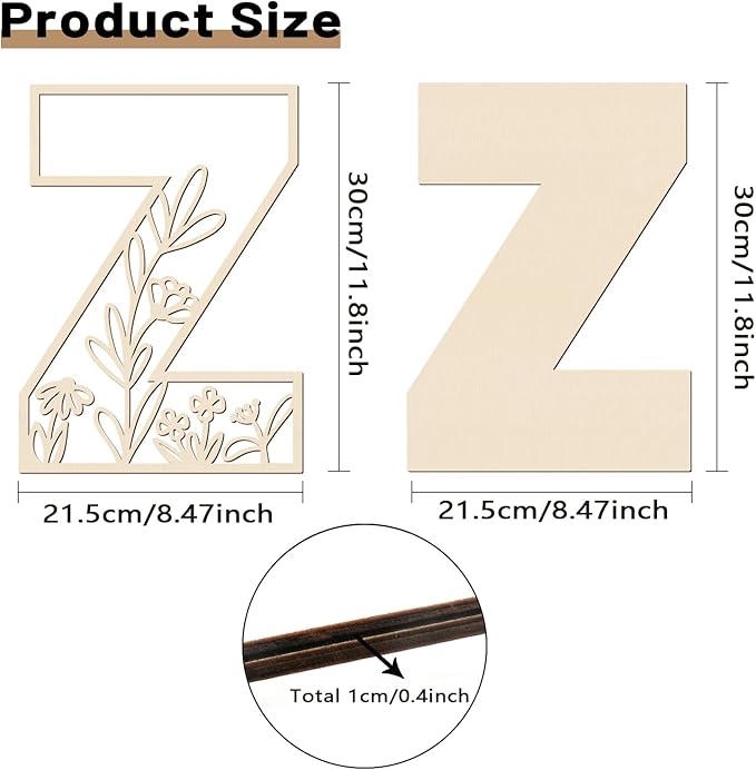 Layered 12 Inch Large Wooden Letters for Wall Decor, Flowered Paintable Wooden Nursery Letters for Crafts Wood Alphabet Letter Z for Birthday Boho Nursery Name Sign Wedding Home Decoration