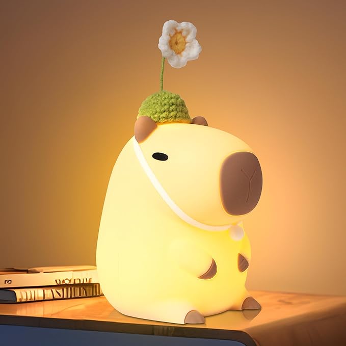 Cute Capybara Night Light, Squishy Animal Flower Lamp with Rechargeable Timer Dimmable, Nursery Nightlight Home Bedside Decor Birthday Christmas White Elephant Gift for Kids Women Friend