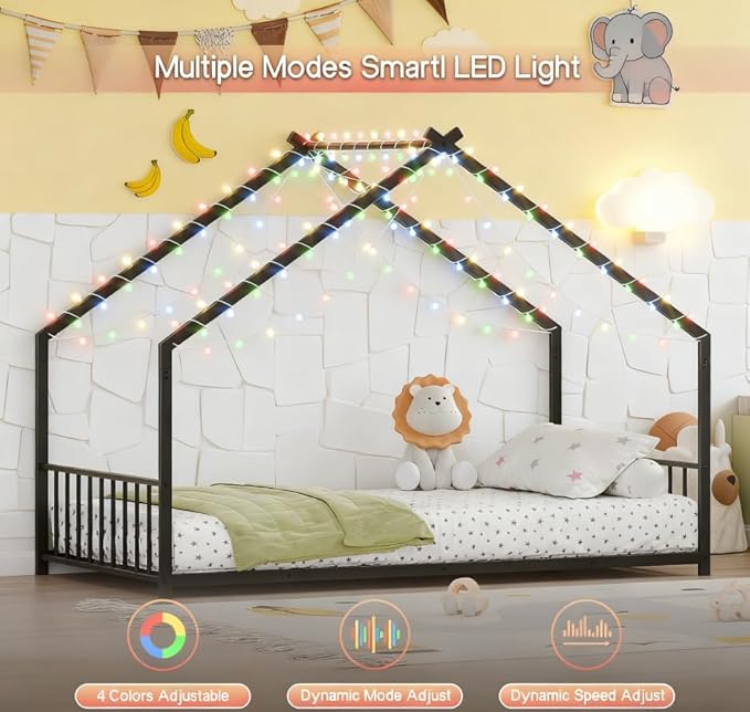 Bellemave Twin Size Montessori Floor Beds with Slats for Kids, Metal Twin House Bed for Kids, Black with Slats and Lights