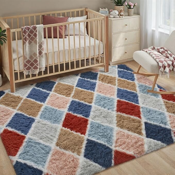 4x6 Checkered Rug for Living Room Rainbow Modern Soft Area Rug Fluffy Non-Slip Carpet for Bedroom Playroom Home Aesthetic Decor