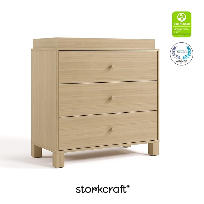 Storkcraft California 3-Drawer Chest with Removable Changing Topper (Driftwood) – GREENGUARD Gold Certified, Interlocking Drawer System, Pre-Installed Tracks, Easy Assembly