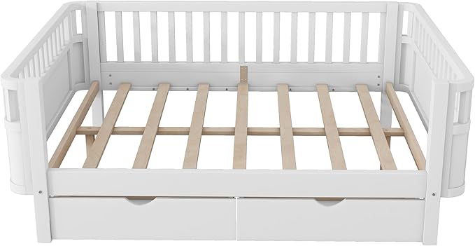 KEIKI Full Size Wooden Floor Day Bed w/Large Storage Drawers, Space Saving Corner Platform Daybed Frame, Removable Safety Rail, Montessori Kids Beds for Boys Girls Bedroom, No Box Spring Needed, White
