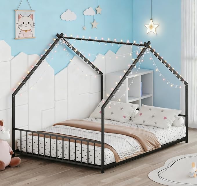 Bellemave Full Size Montessori Floor Beds with Slats for Kids, Metal Full House Bed for Kids, Black with Slats and Lights