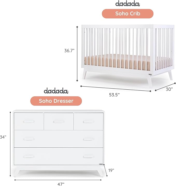 dadada Soho Baby Nursery Furniture Set. Baby Crib and Dresser Set Combo. Soho 3 in 1 Convertible Crib and 5 Drawer Nursery Dresser. White Beechwood