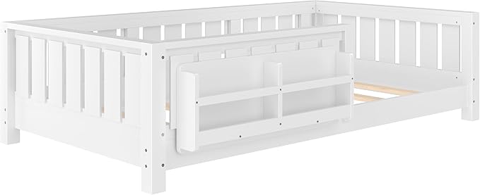 Bellemave Twin Size Floor Bed with high Rails and with Built-in Bookshelf for Kids, Girls, Boys, Wood Montessori Floor Bed Without Door, White