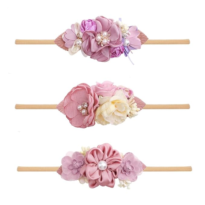Baby Girl Floral Headbands- 3pcs Nylon Headband Handmade Flower Crown Elastic Hairband Newborn Toddler Hair Accessories Gifts for Girls （1-6 years old）