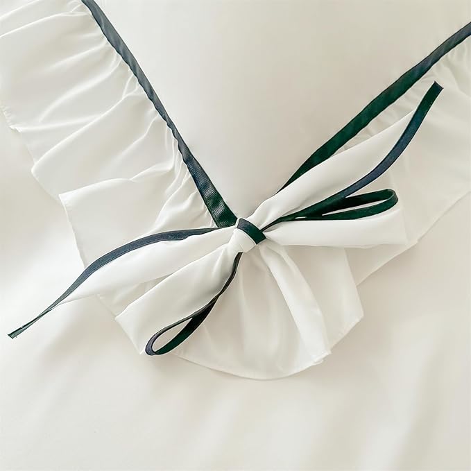 Ruffled Bedding Bow Duvet Cover Set with Butterfly Tie, Soft Brushed Microfiber Shabby Chic Bedding Set with Zipper Closure for Kids Girls-White,Full