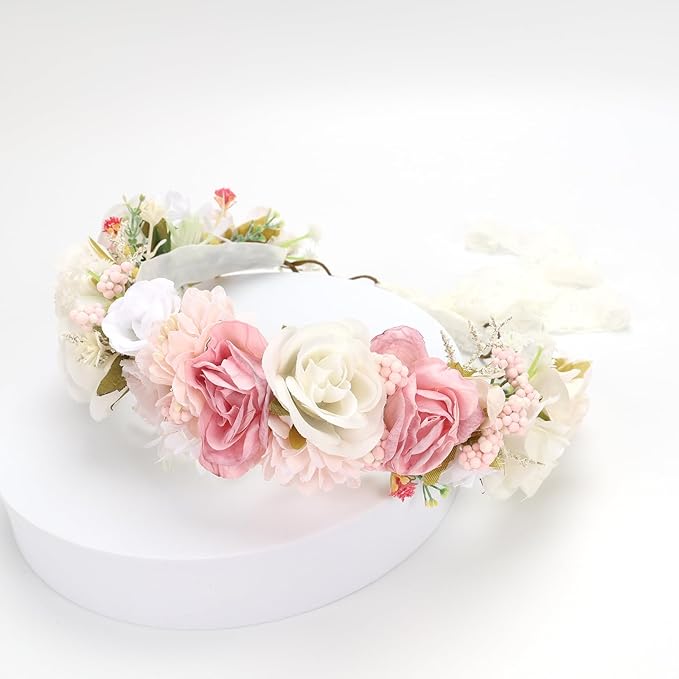 White Blush Pink Flower Crown for Girls Children Floral Headpiece Pink Kids Headband Wedding Holo Hair Accessories Birthday Photo Prop