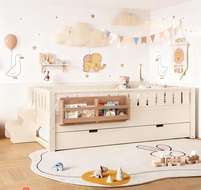 Bellemave Twin Size Kids Bed with high Rails and with Built-in Bookshelf and Trundle for Kids, Girls, Boys, Wood Montessori Bed Without Door, Beige
