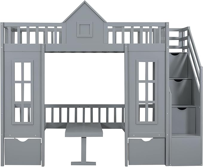 Playhouse Twin Size Loft Bed with Storage Staircase, Solid Wood Bunk Bed Frame with Guardrail for Kids Teens Boys Girls, Down Bed Convertible to Seats and Table Set (Grey-C)