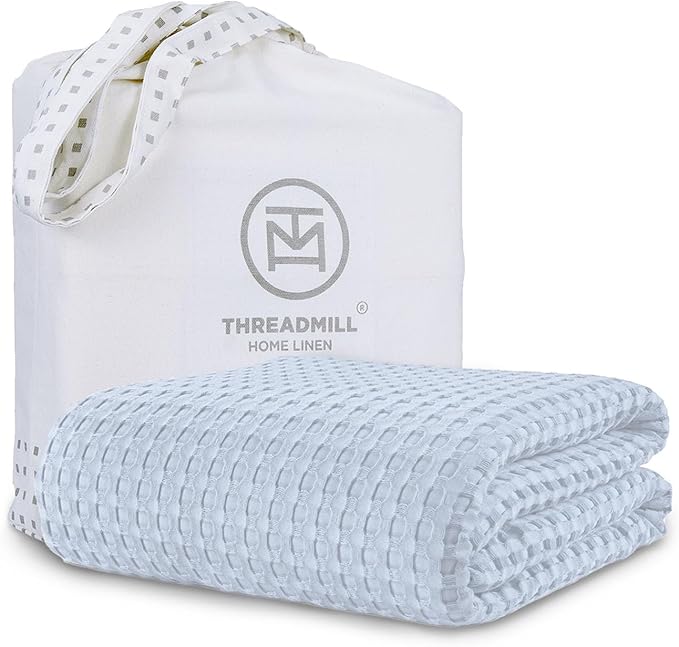 Threadmill Cooling Blanket Twin Size Waffle Weave| Breathable, Lightweight & Ultra-Soft | Made from Rayon Derived from Bamboo | Waffle Throw for Couch and Sofa | 68 x 92 Inches | Light Blue