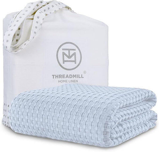Threadmill Cooling Blanket Twin Size Waffle Weave| Breathable, Lightweight & Ultra-Soft | Made from Rayon Derived from Bamboo | Waffle Throw for Couch and Sofa | 68 x 92 Inches | Light Blue