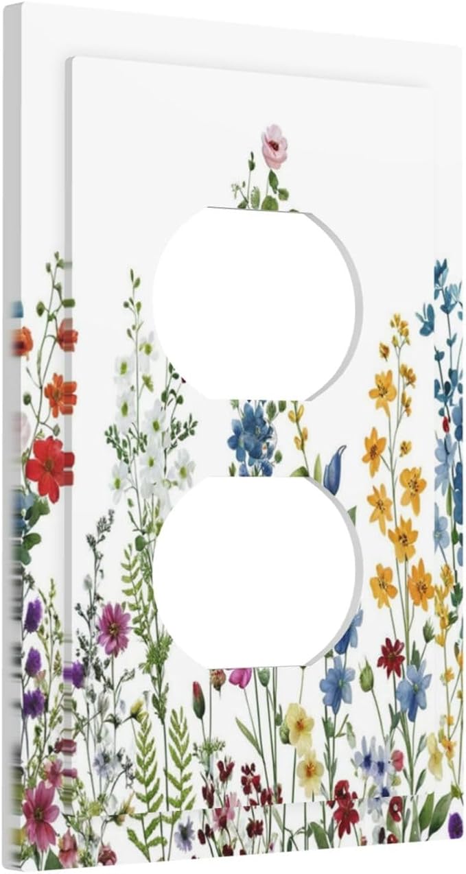 Decorative Outlet Covers Colorful Wildflowers Plants Flowers on White Background 1 Gang Duplex Light Switch Cover Plate Electrical Switch plate Covers Wallplates Receptacle Covers for Home Decor