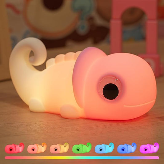 Cute Chameleon Night Light for Kids Rechargeable, Battery Operated Nightlight 3 Level Dimmable with RGB&Timer, Silicone Touch Nursery Lamp for Baby Girls Boys Bedroom Gifts