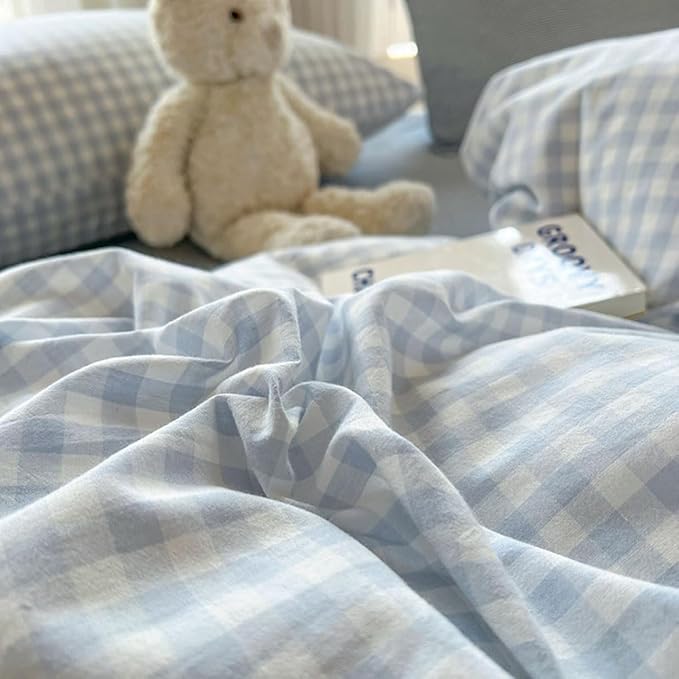 Nayoroom Blue Gingham Comforter Set Full Size Plaid Checkered Dorm Bedding Set 3 Pieces Soft Lightweight Farmhouse Grid Comforter for All Seasons (1 Comforter, 2 Pillowcases)