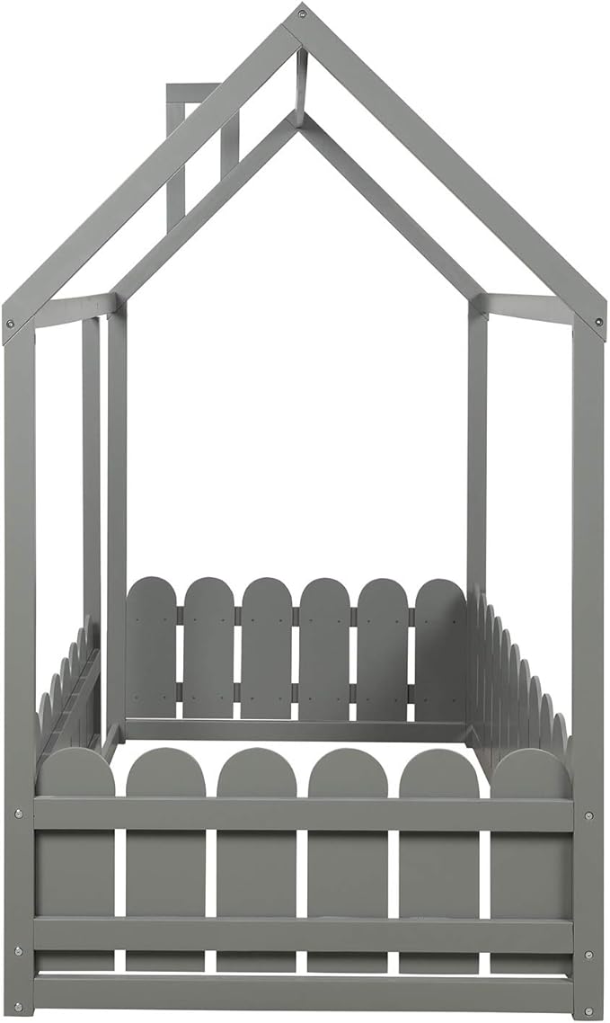 Merax Wooden House Bed with Fence-Shaped Guardrail Montessori Bed Frame for Kids, Toddlers, Girls, Boys (Twin,Gray)