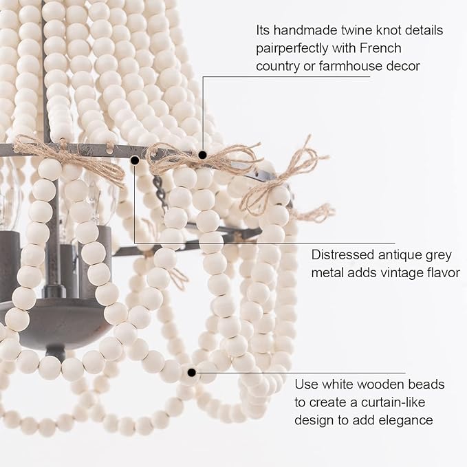 Wood Beaded Chandelier 3-Light Bohemia Pendant Light Fixture Farmhouse Round Hanging Chandelier White Beads with Black Chain for Bedroomn Dining Room Foyer