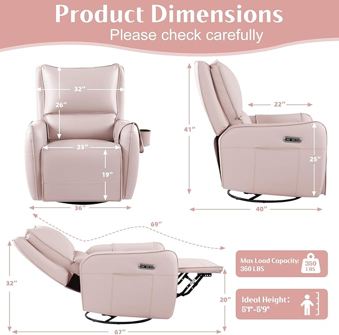 Power Recliner Gliders for Nursery, Electric Swivel Rocker Recliner Chair, Comfy Upholstered Living Room Reclining Rocking Chairs with Lumbar Support