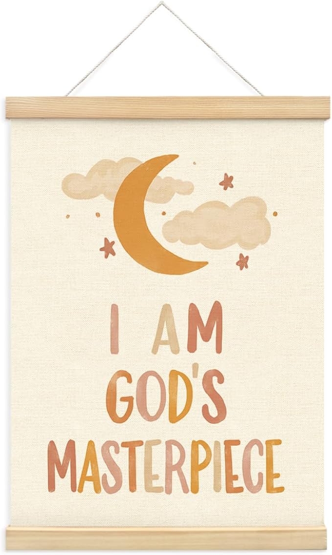 PLKMN Christian Nursery Wall Decor, I am God's Masterpiece Wall Art with Wooden Poster Hanger, Boho Moon Christian Wall Decor for Nursery Kids Room Sunday School Preschool Classroom, 12x16 Inch