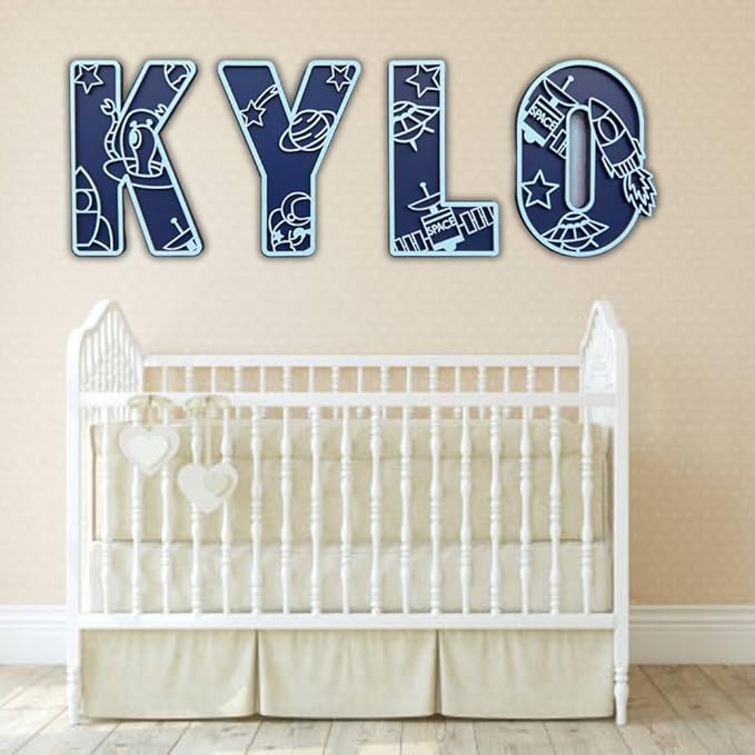 Personalized Wooden Name Sign - Custom Baby Name Signs for Nursery & Kids Room, Baby Announcement Sign, Wall Name Signs Personalized, Round Wooden Letters for Nursery Decor (Space 3D)