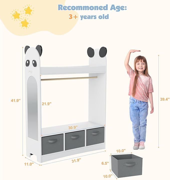 Kids Dress Up Storage Rack Mirror Wood Child Wardrobe 2 Hooks 2 Fabric Bins Toddler Closet Girls Boys Open Hanging Armoire Storage Shelf Coat Costume Hat Shoe (White/Panda/Three Drawers)