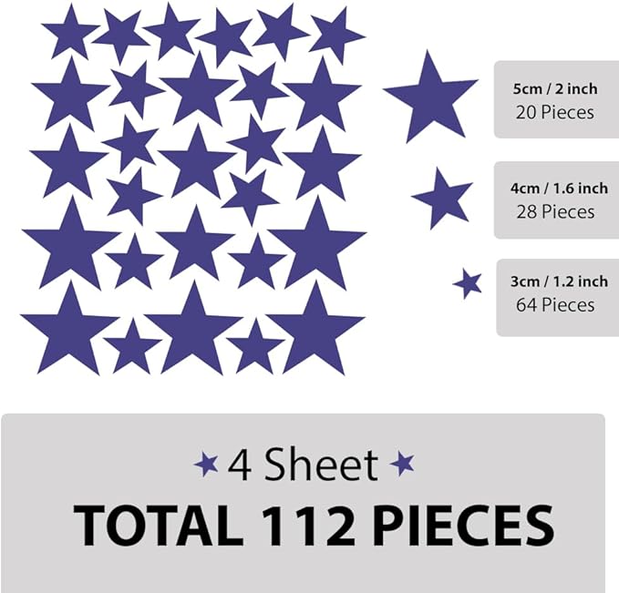 Assorted Matte Dark Blue Wall Vinyl Decals Stickers - 112pcs (1.18" to 1.97" Sizes) – Easy Peel and Stick, Perfect for Nursery, Kids Room, Bedroom Décor by BugyBagy