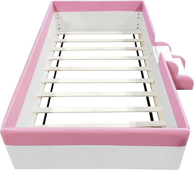 Merax Upholstered Kids' Daybed, Daybed Frame with Fence and Stairs, No Box Spring Needed, Twin Size, Pink+White