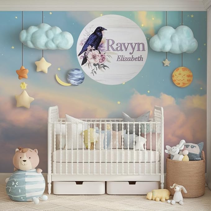 Personalized Baby Name Signs for Nursery, Flowers Raven Sign for Baby Door Decor, Newborn Gifts for Girl, Girls Nursery Wall Bedroom Decorations, Mother's Day Gifts for New Mom Dad Gift