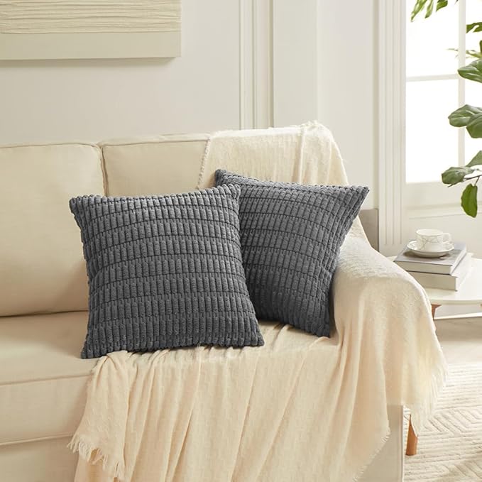 Fancy Homi 2 Packs Dark Grey Lumbar Decorative Throw Pillow Covers 14x14 Inch for Living Room Couch Bed Sofa, Rustic Farmhouse Boho Home Decor, Soft Striped Corduroy Rectangle Cushion Case 35x35 cm