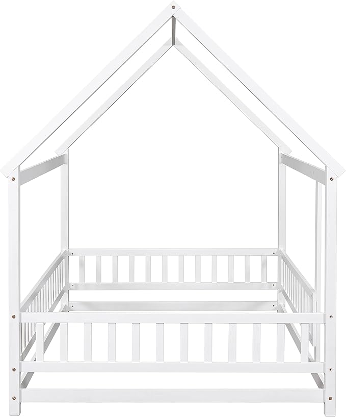 Bellemave Full Size House Floor Bed,Wooden Montessori Bed with Fence and Roof for Kids,Playhouse Full Bed Frame for Girls,Boys(Full,White)