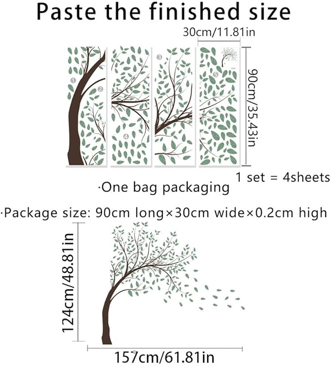 4 Sheets Green Tree Wall Decals Big Tree Wall Stickers Large DIY Peel and Stick Flying Leaves Wall Decor for Kids Bedroom Living Room Nursery Rooms TV Sofa Background Decoration