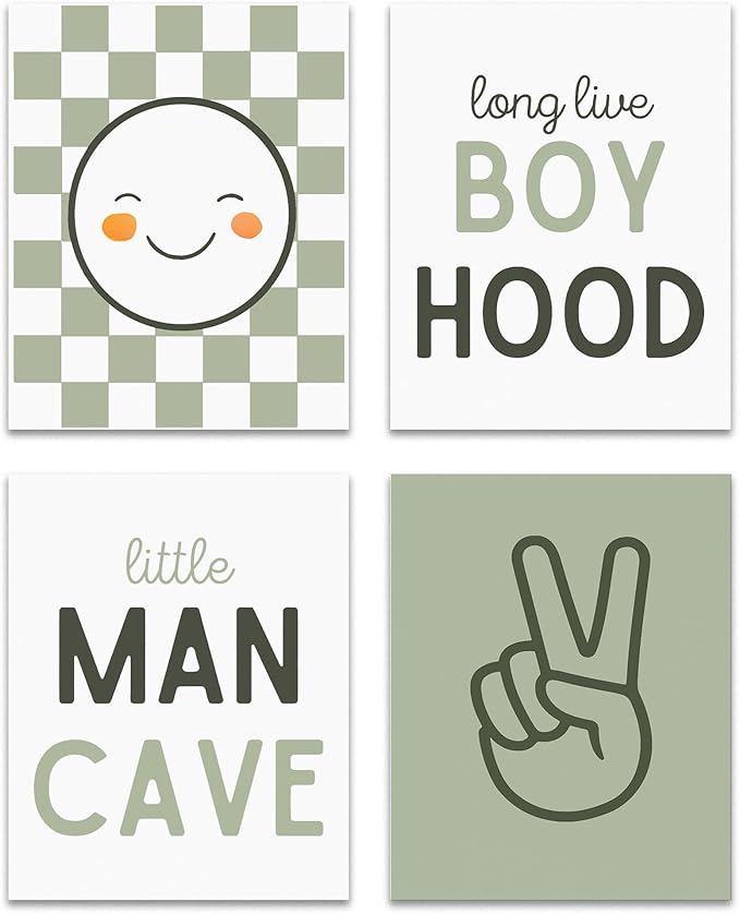 OFJE Sage Green Baby Boy Long Live Boyhood and Little Man Cave Wall Art Prints Set of 4, Baby Boys Posters for Nursery Kids Room Playroom Bedroom Decor, 8x10 Unframed