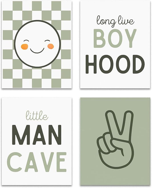 OFJE Sage Green Baby Boy Long Live Boyhood and Little Man Cave Wall Art Prints Set of 4, Baby Boys Posters for Nursery Kids Room Playroom Bedroom Decor, 8x10 Unframed
