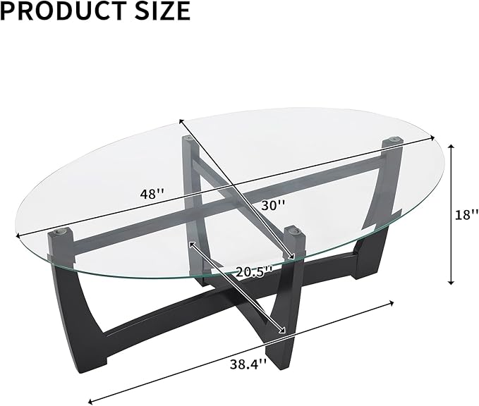 LKTART 48" Oval Glass Coffee Table with Tempered Glass Top Cross and Solid Wood Base Simple & Modern Center Table for Living Room Office Apartment Black