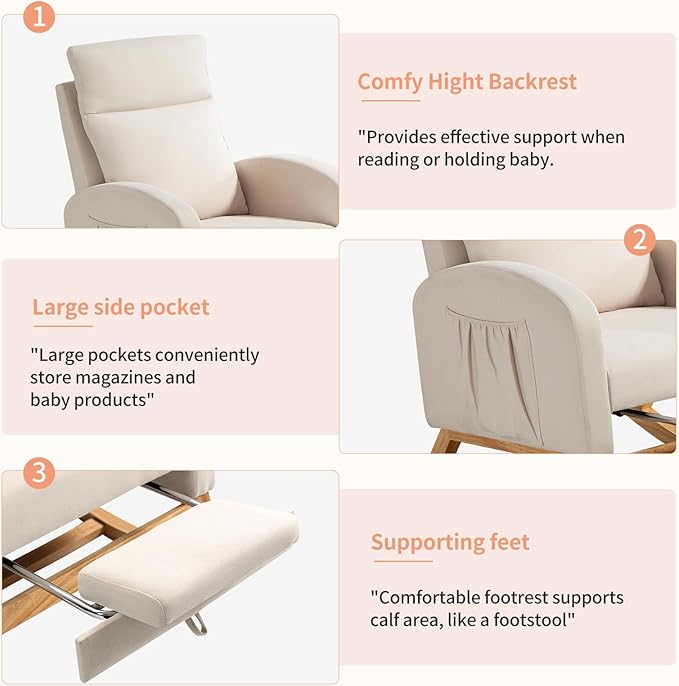 Rocking Chair Nursery Glider Chair with Foot Rest, Nursery Rocking Chairs with Rubber Wood Legs Side Pocket, High Back Nursing Chair, Accent Rocker Arm Chair Baby Bedroom, Living Room, Beige