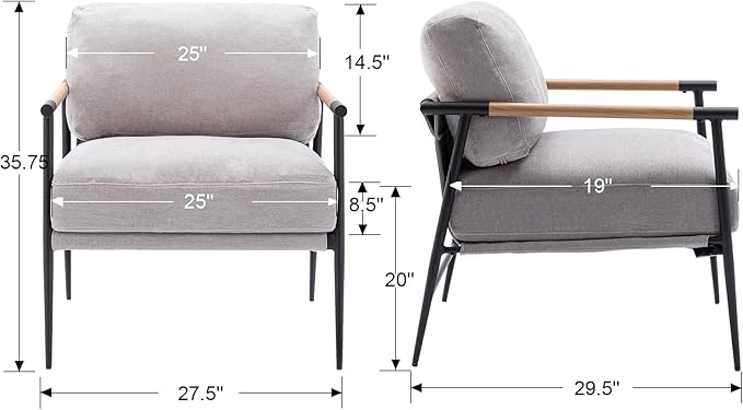 DUOMAY Mid-Century Modern Accent Chair Armchair Set of 2, Soft Linen Fabric Sofa Lounge Chair Reading Chair with Metal Leg for Living Room Bedroom Office, Grey