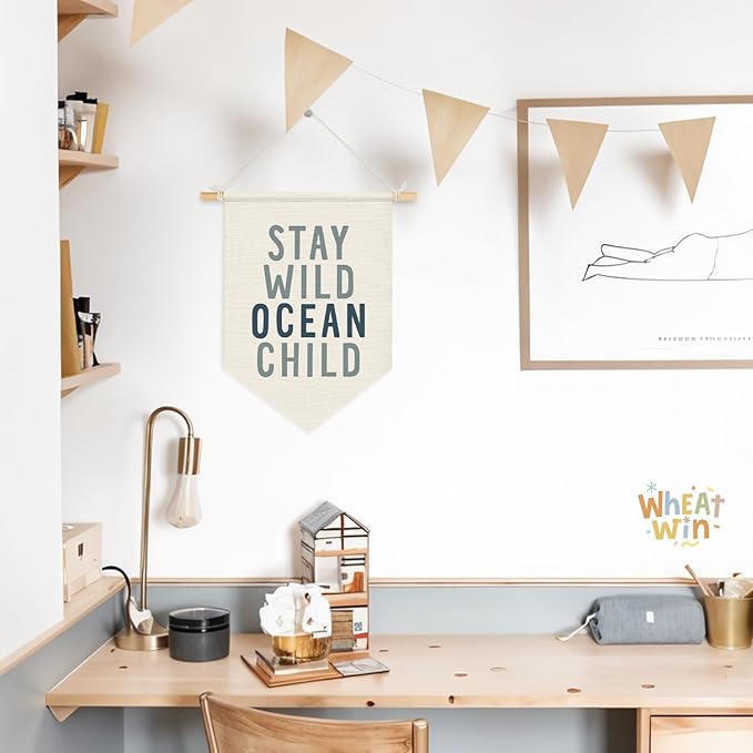 Wheatwin Ocean Nursery Decor, Stay Wild Ocean Child Wall Hanging Pennant Flag Banner, Coastal Beach Wall Decor for Kids Boys Girls Toddler Nursery Room Bedroom Playroom 15x11 Inch