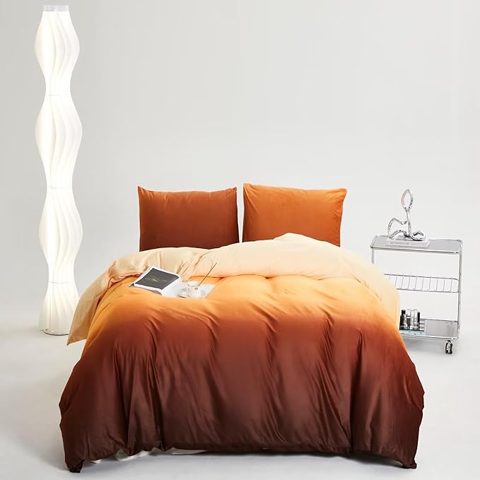 Houseri Orange White Gradient Velvet Duvet Cover Twin Fluffy Light Yellow and Brown Sherpa Bedding Duvet Cover Sets Extra Soft Comfy Flannel Fuzzy Burnt Orange Ombre Duvet Covers Twin Size