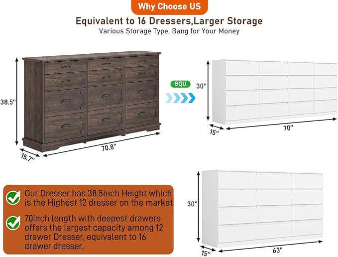 70inch Large Long Dresser w/Charging Station,12 Drawer Dresser w/Deep Big Drawers,Wooden Chest of Drawers w/Power Outlet,White Dressers for Bedroom,Living Room,Entryway,Rustic Brown