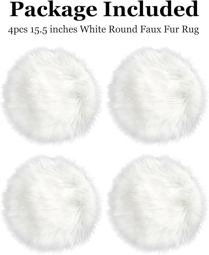 IVON 4pcs 15.5'' White Round Faux Fur Rug, Fluffy Soft Rug Cushion for Chair, Background for Nail Desk Photos