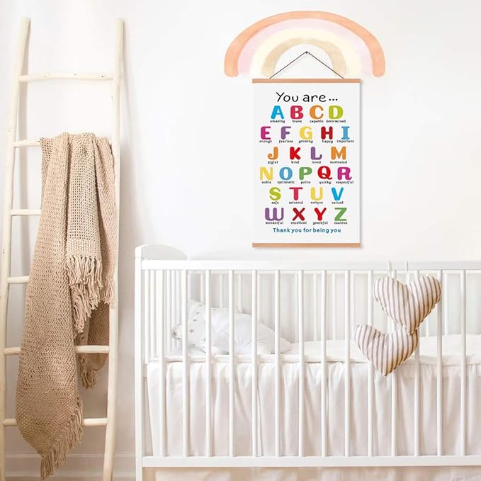 KAIRNE Colorful ABC Alphabet Art Print With Wood Magnetic Poster Hanger Frame , 28X45CM You Are Amazing Positive Affirmation Words Canvas Wall Art For Home School Classroom Room Decor