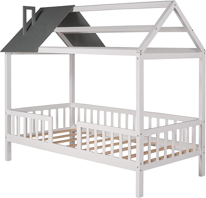 Bellemave Twin House BedFrame with Roof, Montessori Floor Bed, House Bed with Rails for Kids, White+Gray
