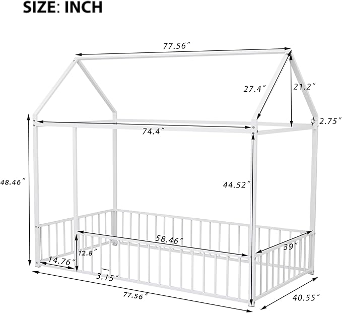 Bellemave Twin Size Montessori Floor Bed, Metal House Bed Framefor Kids, Montessori Floor Beds with Fence, Playhouse for Kids,White