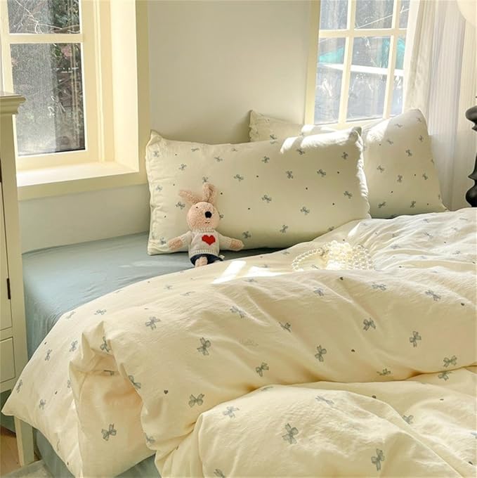 Bow Bedding Set Queen Size Blue Bowknot Duvet Cover with Heart Printed 3 Pcs Kids Boys Girls Princess Style Cute Bows Reversible Duvet Cover Set with Zipper Closure