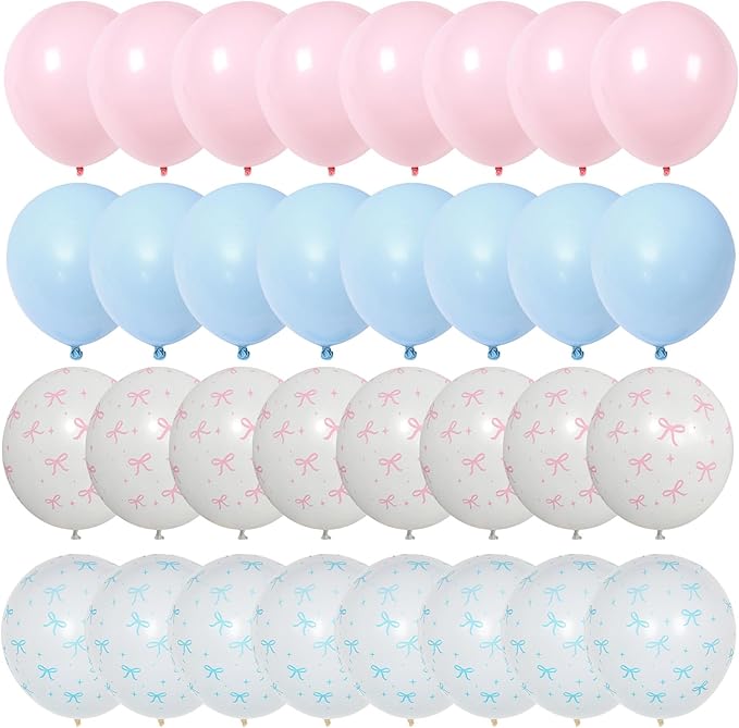 Pink and Blue Balloons, 60PCS 12 Inch Pastel Baby Pink and Blue Gender Reveal Balloons Bow Print Balloon for Boy or Girl Gender Reveal Decorations Bear Bow Baby Shower Party Decoration