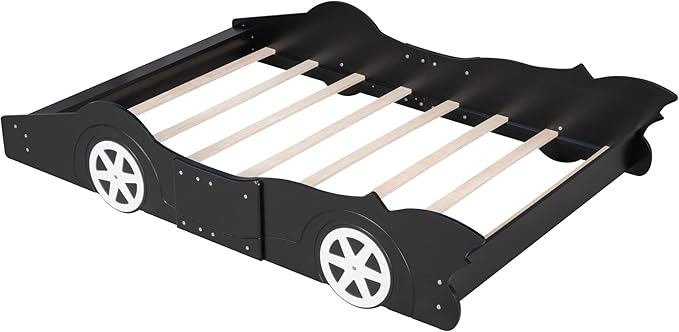 Full Size Race Car-Shaped Platform Bed Bedframe with Wheels, 87.4" L x 55.3" W x 16.1" H Black